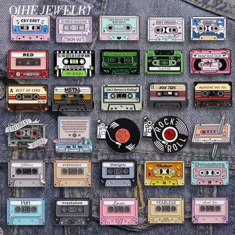 80s 90s Retro Music Cassette Tape Collection Enamel Pins Vintage Nostalgic CD Card Brooches Lapel Ba