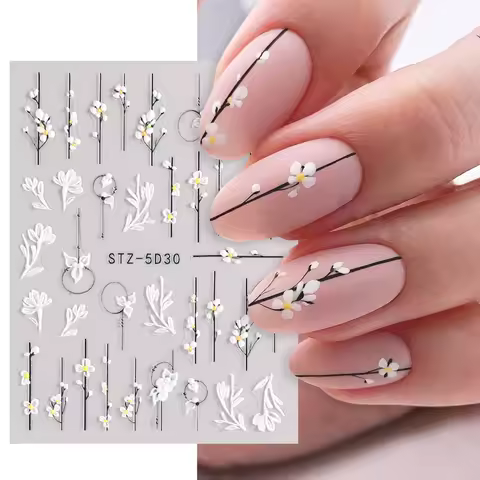 5D Simple Flowers Nail Embossed Stickers Elegant Wedding Design Adhesive Sliders Floral Textured Eng