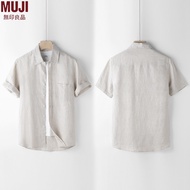 MUJI เสื้อปกแขนสั้นลินินผู้ชายเสื้อหลวงขนาดใหญ่ลำลองบาง2024ของแท้