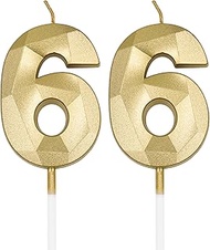 66th Birthday Candles for Cake, Gold Number 66 3D Diamond Shaped Candle Birthday Decorations Party S