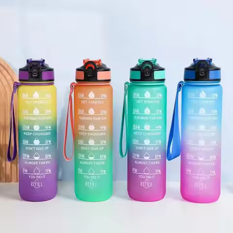 1pc 1000ml Large Capacity Gradient Water Bottle,Water Bottle with Straw 1 Litre Leakproof with Time