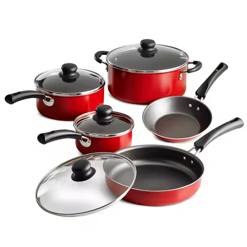 9 Piece Nonstick Cookware Set with Tempered Glass Lids Easy Clean Aluminum Stackable Design Everyday