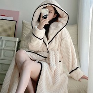 Hooded Robe For Women Belt Sleepwear Nightdress Winter Night Wears Pajama Nightgown Long Sleeve Warm Fleece Homewear Japanese