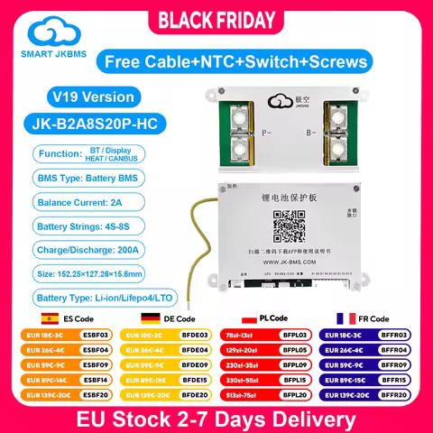 JK BMS B2A8S20P Smart BMS 4S 5S 6S 8S 1A 2A Active Balance BMS Heat CAN RS485 BT for LiFePo4 Li-ion 