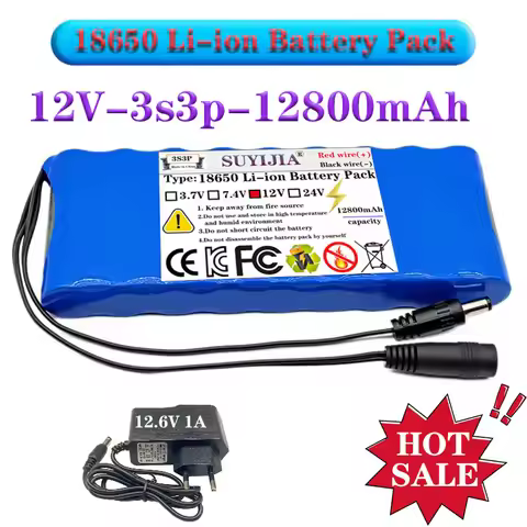 3S3P 18650 Lithium Battery 12V 12.8Ah 12800mAh for Camera Video Emergency Light Radio Portable, UPS,