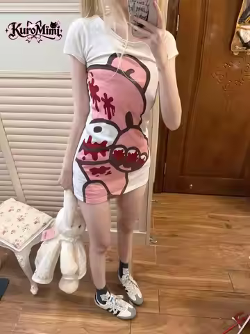Yami Kawaii Y2K Baddie Harajuku Dress Women Gloomy Bear Graphic Print Short Sleeve Slim Bodycon Mini