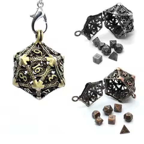 1Set Mini Metal DND Dice Set with Antique Iron Hollow D20/D6 Necklace Dice Case Tiny Metal Dice Set 
