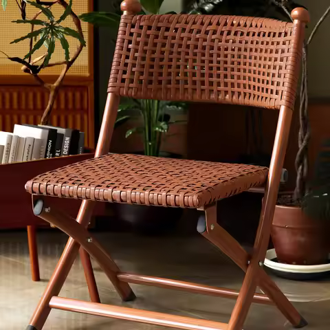 Foldable Rattan Chair Patio Armchair for Elderly, Portable Camping Stool with Back Support, Lightwei