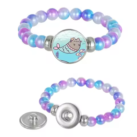 Pusheen Beaded Bracelet Cute Animal Pusheen Cat Cookie Mermaid Keychain Cartoon Animal Cat Bracelet 