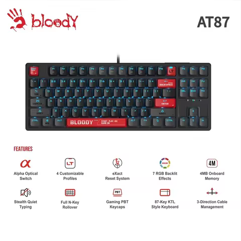 A4tech BLoody AT87 Black wired keyboard,4 Customizable Profiles,7 RGB Backlit Effects,4MB Onboard Me