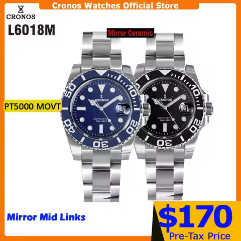 Cronos Sub Diver Men Watch Stainless Steel PT5000 Bracelet Ceramic Bezel 200 Meters Water Resistant 