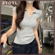 ZTOYL Áo len dệt kim có ve áo co giãn màu trơn thời trang phong cách Hàn Quốc Áo Thun Mùa hè