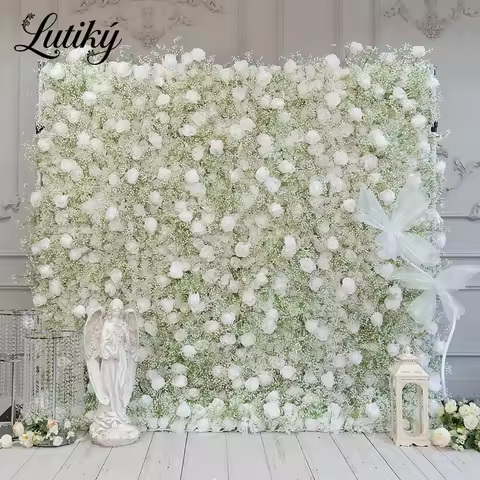 8FT X 8FT Baby breath Rose Artificial Flowers Wall Cloth White Roll Up Curtain Hang Floral Wedding P