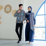 batik couple gamis modern baju gamis batik kombinasi polos terbaru - navy