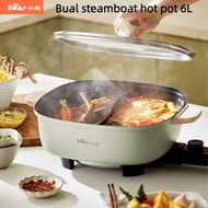 Bear dual steamboat hot pot Electric hot pot 6L pot Household Barbecue Multi-Function Cooking Integrated Electric Cooker Electric hot pot Wok Non-Stick Pan