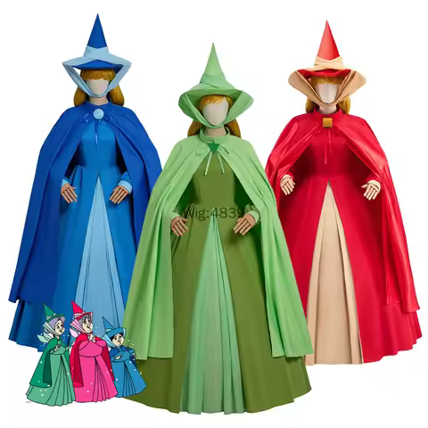 Halloween Costume Good Fairy Flora Fauna Merryweather 3 Colors Cosplay Costume Ball Gown With Hat Se