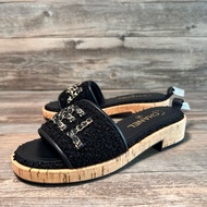 香奈兒chanel 黑色鏈條毛呢大logo字母拖鞋 36碼