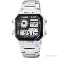 【柒號本舖】CASIO 卡西歐多時區鬧鈴電子鋼帶錶-黑 # AE-1200WHD-1A (台灣公司貨)