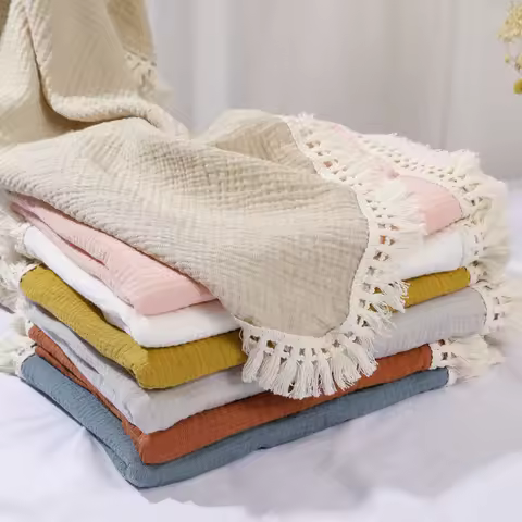 Cotton Muslin Swaddle Blankets For Newborn Baby Tassel Receiving Blankets Infants Sleeping Quilt Bed