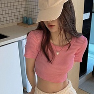 W.mii Knitted Top Short-Sleeved t-Shirt Short Versatile Skinny Sexy Hot Girl Ice Silk High-Waisted S