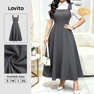(New Arrival) Lovito Elegant Zipper Long a Line Spring Summer Weekend Casual Workwear Grey Dress for