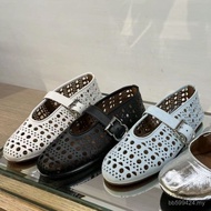 Shallow Mouth Ballet Shoes Genuine Leather One-word Female~Round Toe Hollow Flat Spring Summer Cowhi