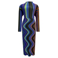 2025 spring new pleated casual A-Line dress with retro style line printing semi-turtleneck design fo