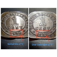 Straits Settlements King George V Old Copper Coin 1 Cent Year 1926 / 0 (Over Date)