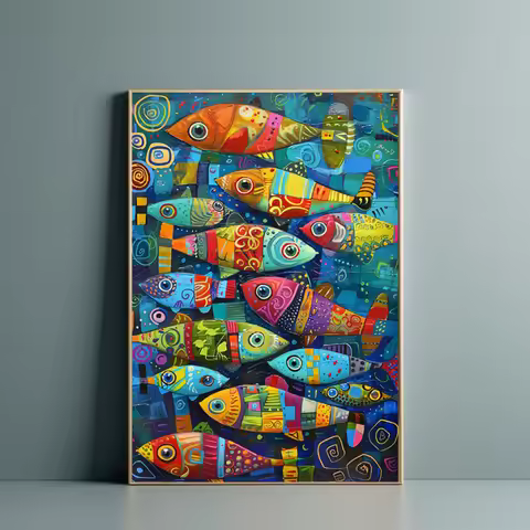 Vintage Fish Kitchen Wall Art Decor Mural Abstract Colorful Fish Art Canvas Prints Posters for Retro