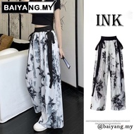 Ink Painting Ribbon Pants Women Ice Silk Straight Cut Palazo Slack High Waist Baggy Loose Wide Leg C