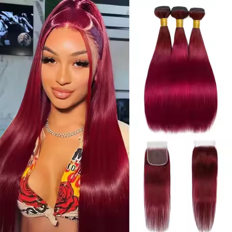 Burgundy 99J Human Hair Bundles With 4x4 Closure 12A Straight Bundles Human Hair Weft With Closure 1