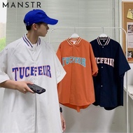 Korean Style Summer Letter Print Short Sleeve Shirt Men's Fashion Loose Varsity Jacket Baseball Shir