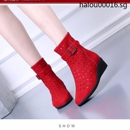 Spring Summer Genuine Leather Hollow Short Boots Square Dance Shoes Red Soft Sole Mother Sandals Hole Women Dancing