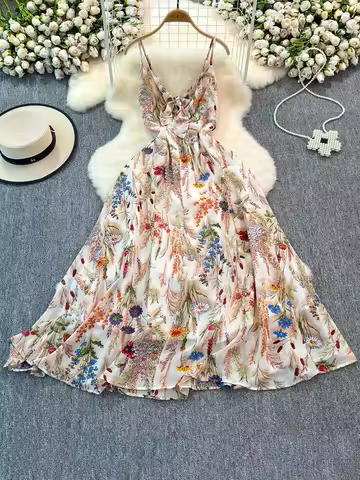 2026 New Colorful Floral V-neck Camisole Dress for Women's Summer Bohemian Seaside Vacation Style A-