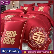 [In stock]chinese wedding marriage bedsheet set red color bedsheet fitted sheet set single/Queen/King duvet cover sheets