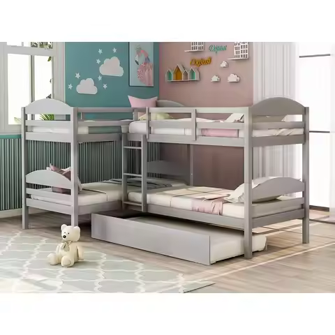 L-Shaped Twin-Over-Twin-Over-Twin-Over-Twin Bunk Bed with Trundle, Splittable into 2 Beds, Suitable 