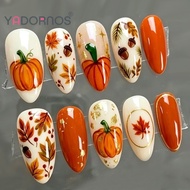 30Pcs Halloween Pumpkin Fake Nails - 3D Maple Leafs Autumn Wearable Nails