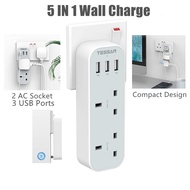 Double Plug Adaptor with 3 USB, TESSAN 2 Way Multi Plugs Extension Adapter, 13A UK 3 Pin Wall Charger Sockets Power Extender for Home, Kitchen, Office