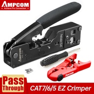 AMPCOM RJ45 RJ11 Pass Through Crimping Tool For CAT7/6A CAT6/5 Ethernet Modular Plugs Connectors With Stripper And Spare Blade