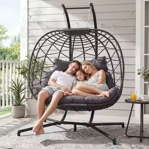 Double Egg Chair Outdoor Indoor, Oversized Swing w Stand for 2, AllWeather Rattan Hanging Loveseat C