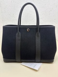 Hermes 愛馬仕 K刻 Garden Party30 花園包 黑銀 防水布拼皮 30cm