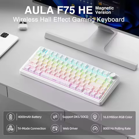 NEW AULA F75HE Wireless Magnetic Switch Keyboard 75% Hot-Swappable Creamy Keyboard Pre-lubed Tri-Mod