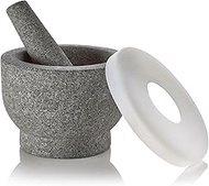 6" Granite Mortar and Pestle - 2-Cup Capacity Unpolished Granite Molcajete w/Silicone Lid - Grinder &amp; Crusher for Mixing, Blending, Grinding, Serving, Spices Herbs, Guacamole, Salsa, Sauces &amp; More