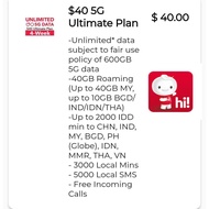 Singtel Prepaid $40 /Unlimit 5G Data/40 GB Roaming/IDD 2000 Mins/3000 Local Mins/5000 Local SMS/(28 Days)Ultimate Top Up