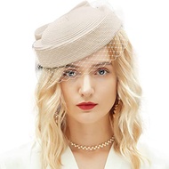 ภาษาฝรั่งเศสคำสีขาว Bowknot ตาข่ายฟาง Retro หมวก Pillbox หมวก Veil งานแต่งงาน Tea Party Headwear หญิ