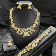 4pcs Women's Fashion I LOVE YOU Rhinestone Plated Gold Necklace, Earrings, Bracelet, Ring Jewelry Se