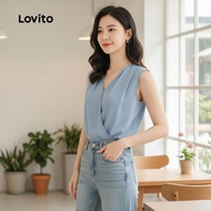 Lovito Atasan Wanita Elegan Lipit Musim Panas Biru Abu-abu L142ED340