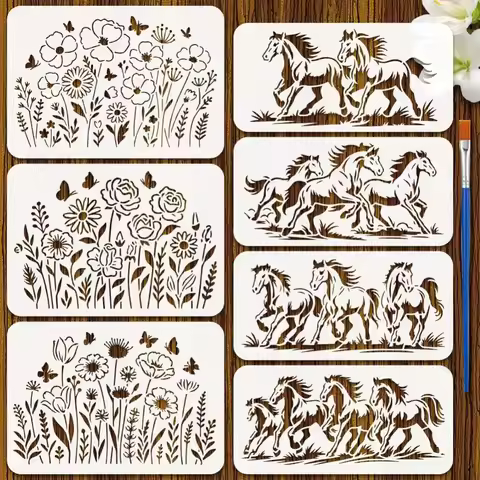 7PCS Horse Floral Stencils 11.7x8.3 Inch/11.8x5.9 Inch Wildflowers and Horses Painting Stencil Anima