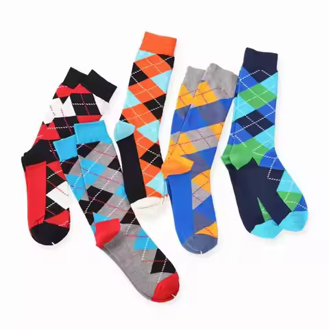 Retro Men Cotton Dress Happy Socks Argyle Pattern Wedding Harajuku Funky Novelty Gift Streetwear Hip