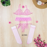 Garter Belt + Underwear G String + Stocking Pink AC35D